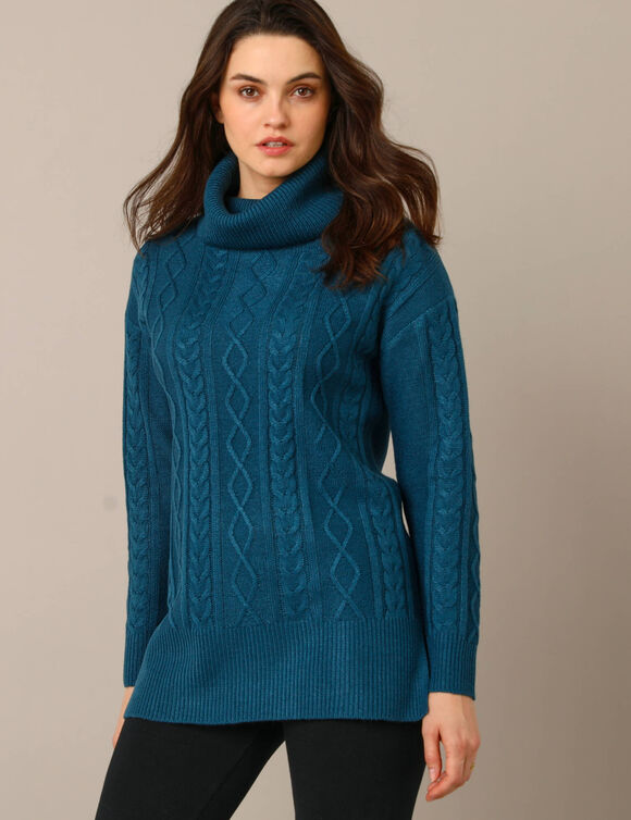 Pull tunique torsadé à col roulé (bleu paon) Pull tunique torsadé à col roulé (bleu paon)